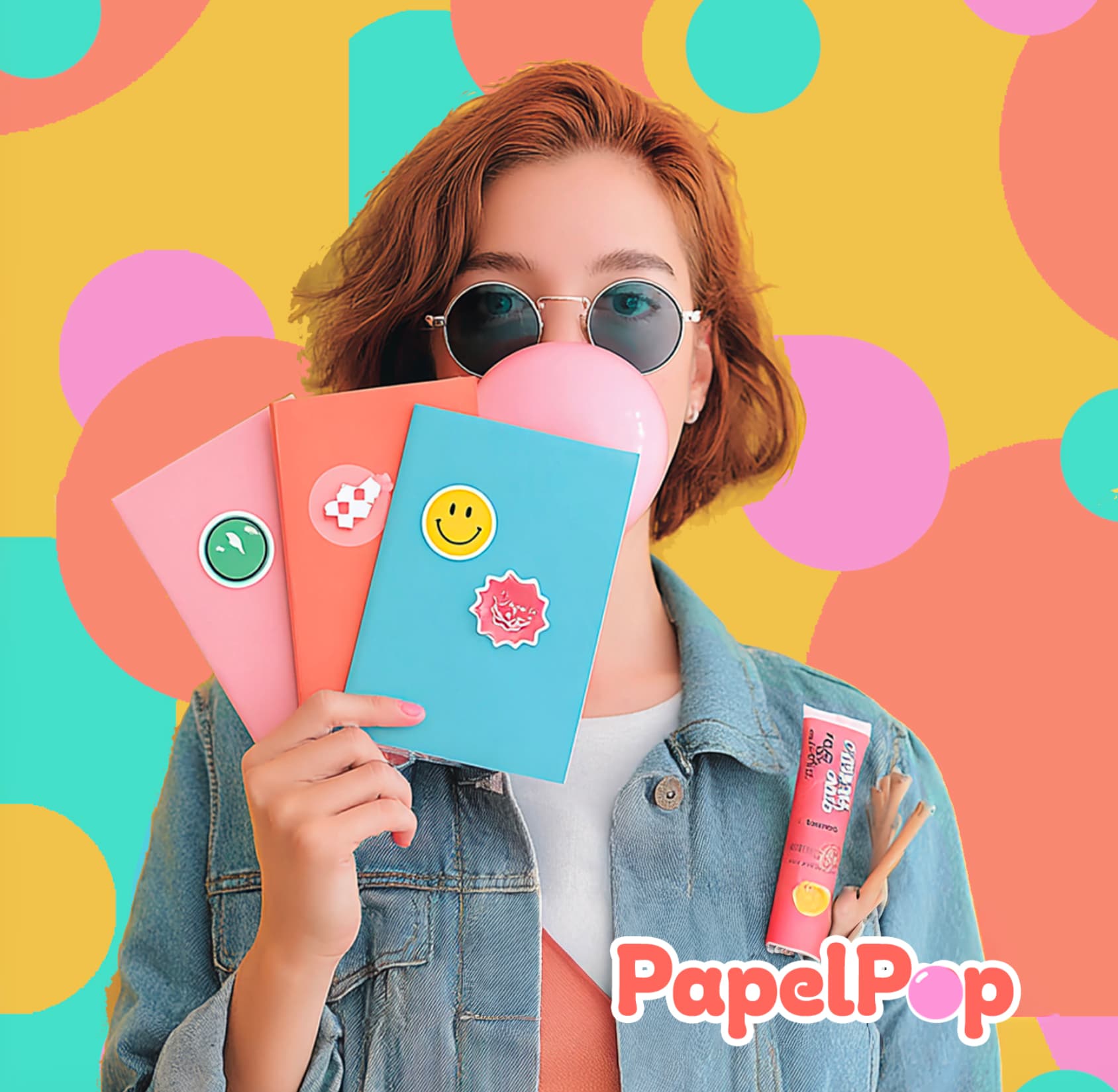 chica comiendo un chicle con cuadernos en la mano